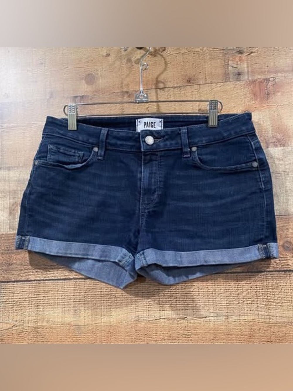 PAIGE Dark Indigo Rolled-Cuff Denim Shorts Size 28